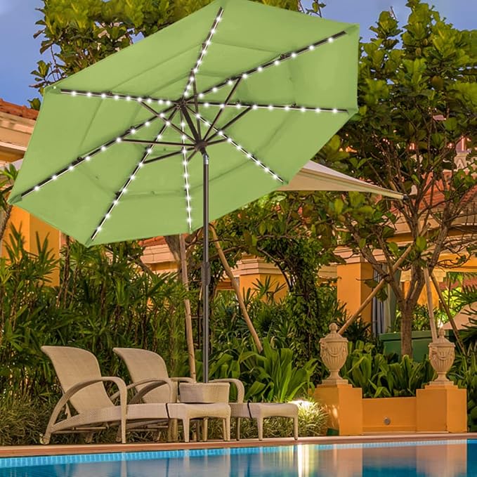 EliteShade USA 10-Year-Non-Fading 9ft 3-Tier Market Patio Umbrella, Commercial Table Umbrella with 80 Solar LED Lights, Crank Open, Windproof & UPF 50+ UV Protection for Garden, Deck, Pool, Backyard, Macaw Green