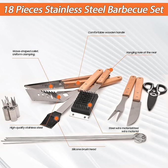 18 Piece Outdoor BBQ Grill Set, Heavy Duty Stainless Steel Grilling Utensils Kit with Portable Carry Bag, Complete Camping Barbecue Tool Set, Ideal Grilling Gift for Men Dad Backyard BBQ Party