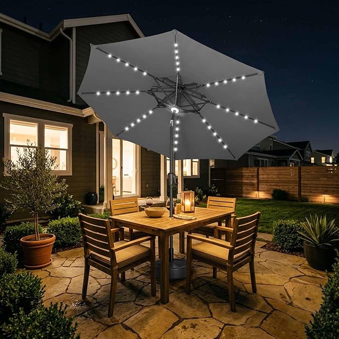 Jarka&Co 9ft Solar Patio Umbrella - 2 Tiers Solar Outdoor Umbrella with 40 LED Lights Waterprool UV Protection, Market Table Umbrella with Tilt for Backyard, Garden, Pool, Porch (Anthracite)