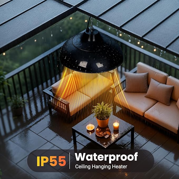1500W Electric Hanging Patio Heater, 3S Instant Heat, Ceiling-Mounted Outdoor Heater with 3 Modes, Quiet Operation, Overheat Protection, IP55 Waterproof for Patio, Balcony & Garage