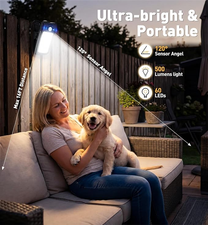 2 Pack Clip On Solar Lights Outdoor, 60 LED 500LM Motion Sensor Clamp Light, USB & Solar Powered Waterproof Security Lights for Fence Gutter Deck Camping, 1-Second Fast Install