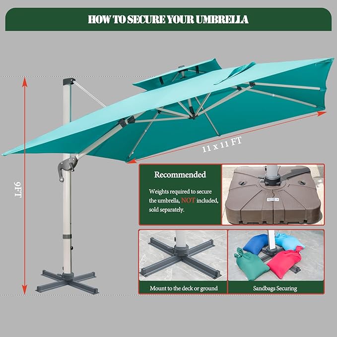 Cantilever Patio Umbrella with Cross Base and Cover Included - 360° Rotation Large Heavy Duty Offset Outdoor Umbrella with Easy Tilt for Pool Backyard Deck Garden (11x11 FT Turquoise Blue)