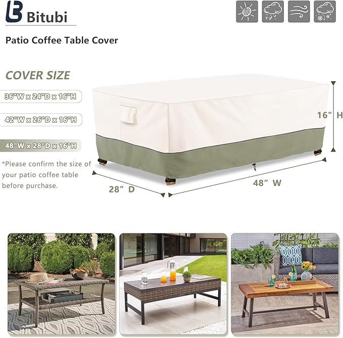 Bitubi Waterproof Patio Coffee Table Cover, Rectangular Outdoor Small Side Table Cover - Fits up to 48L x 28W x 16H inches, Beige