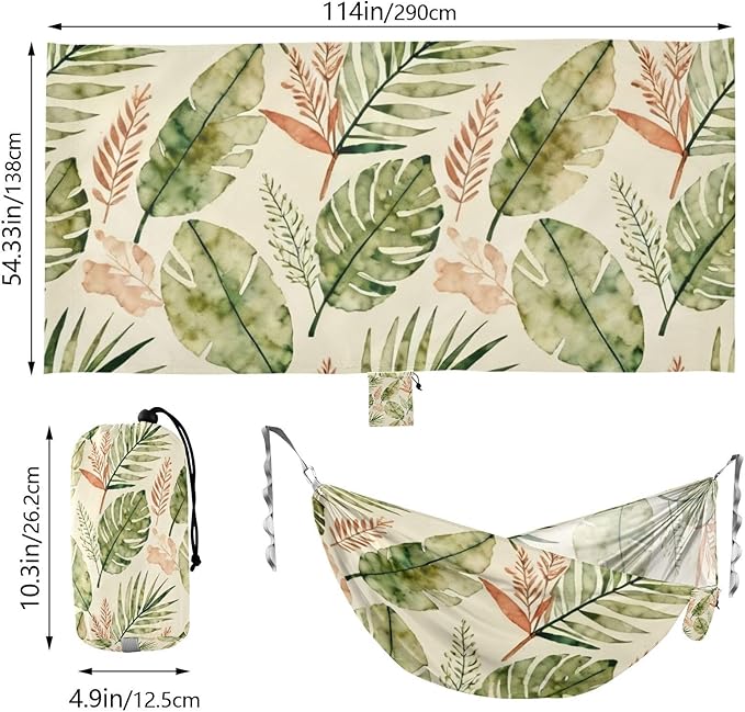 Watercolor Tropical Leaves Outdoor Hammock with Tree Straps for Outside Patio Garden