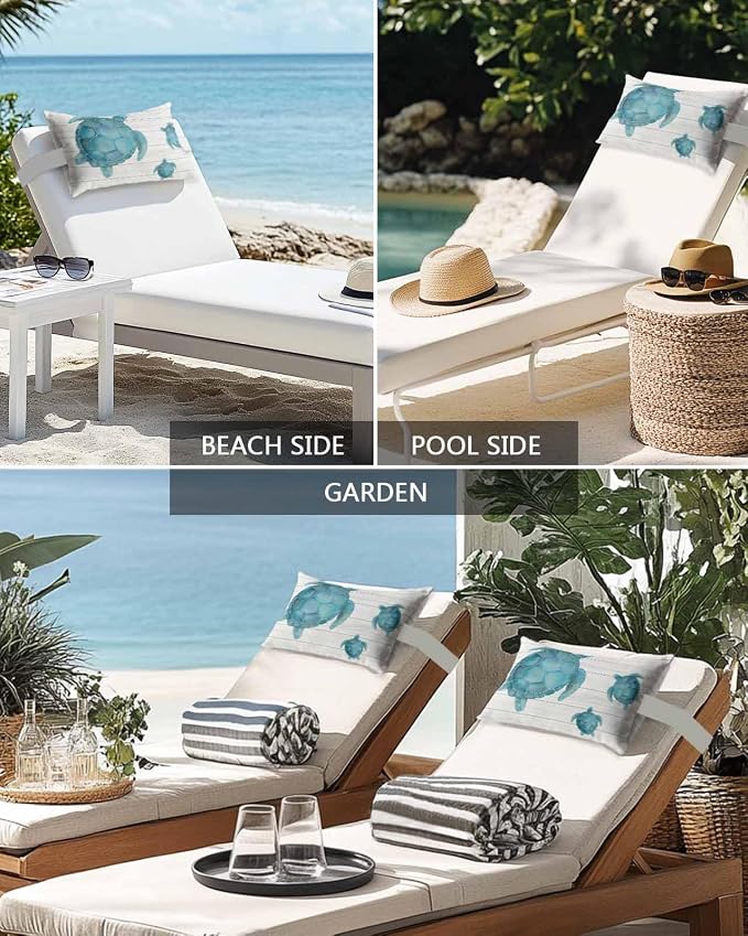 Ocean Coastal Beach Teal Sea Turtle Outdoor Head Pillows for Recliner Chair,Pack of 2 Waterproof Throw Pillow Cushion Cases with Insert&Elastic Strap,Farm Rustic Wooden Plank Pillow for Patio Beach