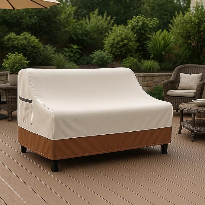 Waterproof Patio Loveseat Cover, 76W x 32.7D x 33H inches Heavy Duty 600D Weather-Resistant Outdoor Furniture Protector Beige and Brown