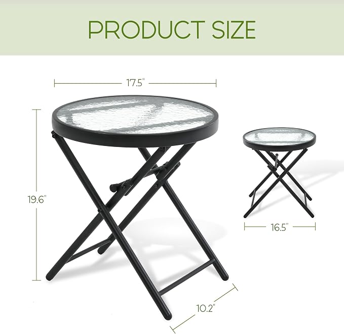 Folding Outdoor Side Table -Patio End Bistro Tables Portable Small 17.5" Round Tempered Glass Top Waterproof Dining Coffee Metal Black