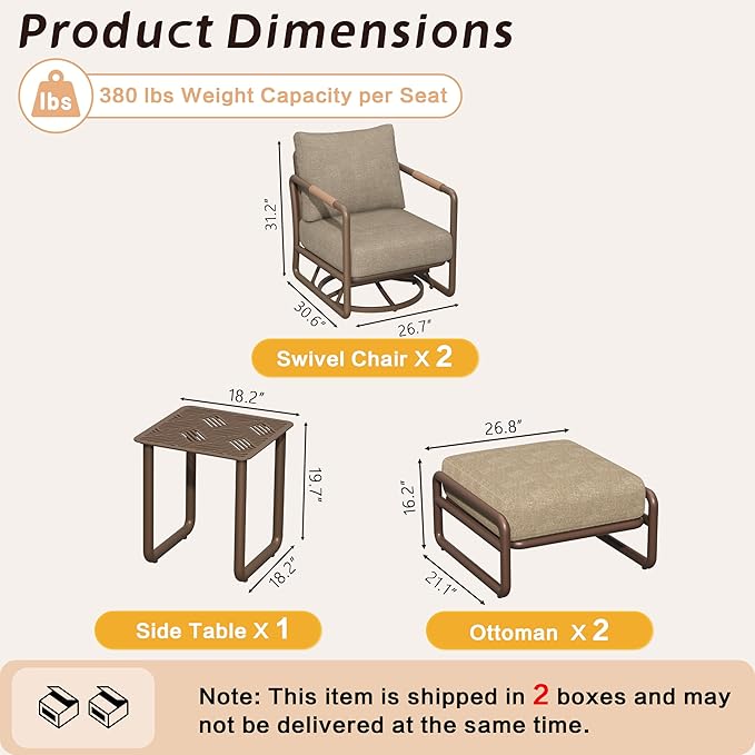 5-Piece Aluminum Outdoor Swivel Rocker Chair Set, 360° Swivel and Rocking Patio Chairs with 6.5-Inch Thick Cushions and Side Table, All-Weather Conversation Sofa for Backyard, Deck, Porch, Balcony