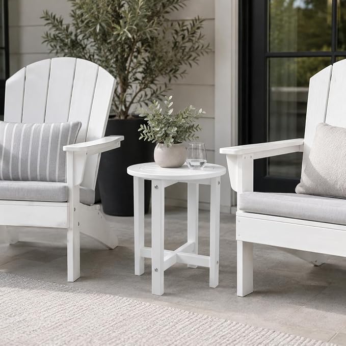 Outdoor Side Table for Patio Round HDPE Outdoor End Table with Storage Shelf，Plant Stand Tables for Patio Porch Balcony Garden,Weatherproof，White