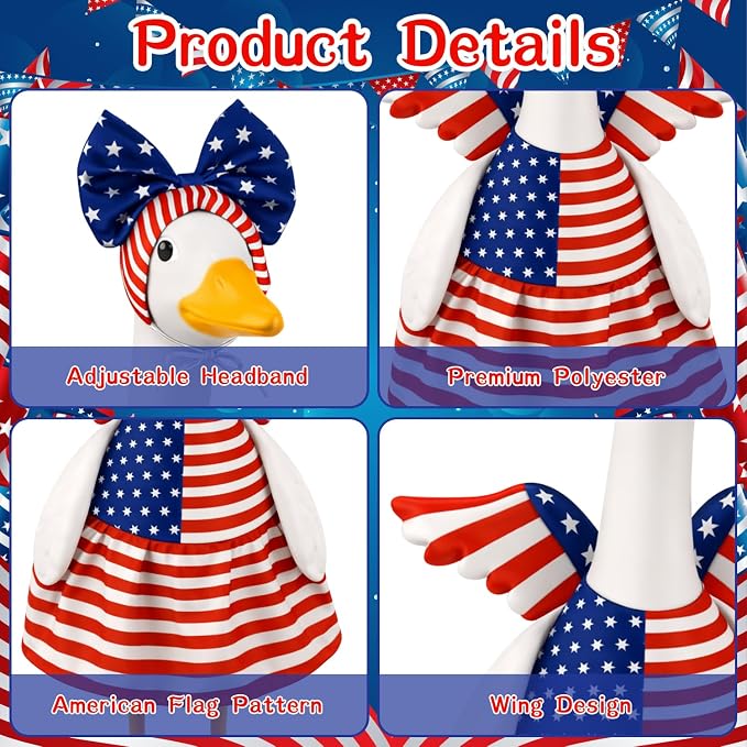 4th of July Porch Goose Outfits Patriotic Goose Costume for Outdoor Decor | for 23''H Plastic and Cement Statue, Independence Memorial Day Garden Patio Decoration