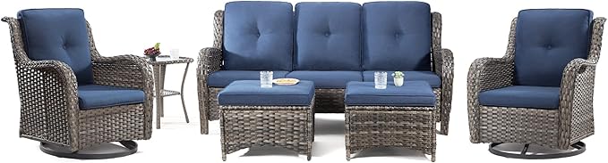 Wicker Patio Furniture Set 6 Piece Set with 1 Three-Seat Sofa, 2 Swivel Rocker Chairs, 2 Ottomans and 1 Side Table, Outdoor Furniture Patio Conversation Sets(Mixed Grey/Blue)