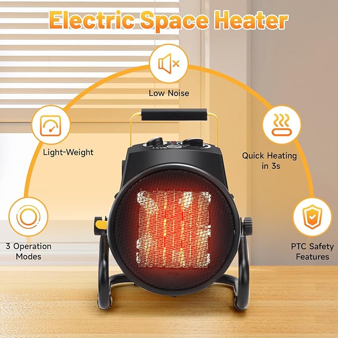 Greenhouse Heater with Thermostat, 1500W Outdoor Heaters for Patio, 3S Fast Heating & 3 Heat Modes, Overheat Protection, Electric Space Heater for Patio, Garage, Greenhouse, Bedroom (Yellow)