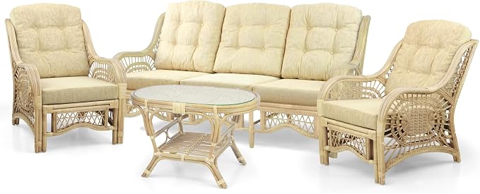 Malibu Lounge Set of 4: 2 Natural Rattan Wicker Chairs, Three-Seater Sofa with Cushions and Coffee Table with Glass Handmade, Natural (Cream Cushions)