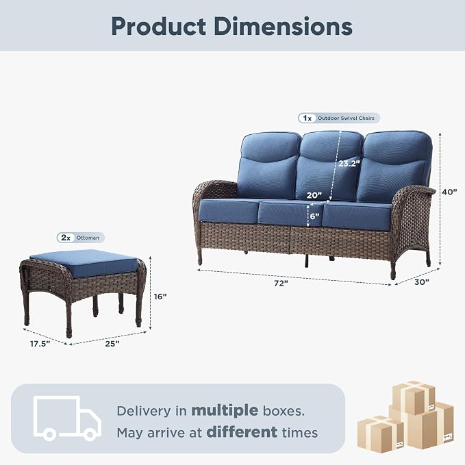 HUMMUH Outdoor Wicker Patio Sofa with Ottomans, 3-Piece, High Back | 6 in seat and back cushions, PE rattan, steel frames, Olefin covers, for deck, yard, porch, and poolside