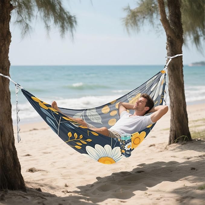 Floral Chamomile Pattern Dark Blue 330lb Capacity Outdoor Hammocks with Hanging Rope Portable Hammock for Indoor Outdoor Patio Bases para hamacas para adultos