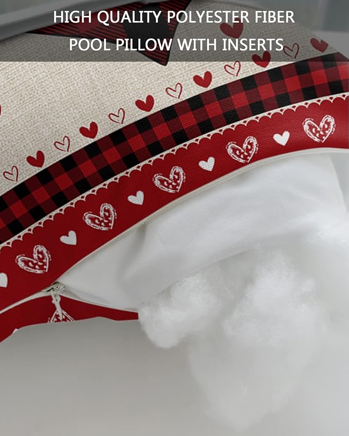 Outdoor Pillows Covers with Inserts Love Heart Black and Red Buffalo Plaid Waterproof Recliner Pillow with Adjustable Strap Throw Pillows for Patio Furniture Pool Lounge Chair, 11x16 inch, 1PCS