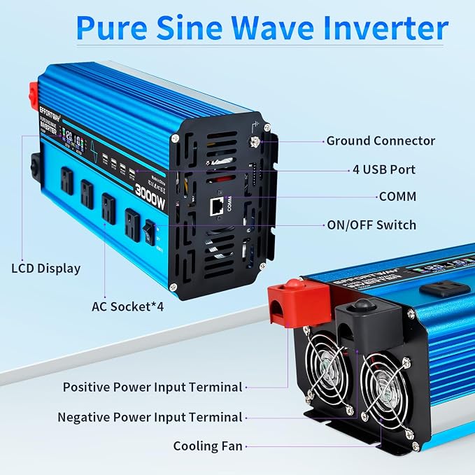 3000w Pure sine Wave Inverter DC 12V to AC 110V/120V Converter, 6000w (Peak) with LCD Display, Wireless/Wired Remote Control, 4AC outlets and 4USB.Ideal for Camping, RV Travel, Off-Grid Solar Systems