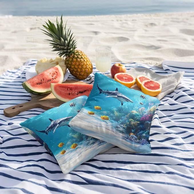 JasmineM Outdoor Pillow Cover Set of 2 Ocean Shark Waterproof Throw Pillow Covers Underwater Decorative Pillowcases Garden Cushion Case for Patio Couch Sofa 16x16 Inch