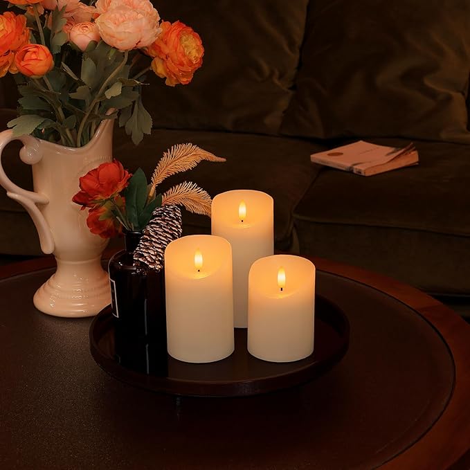 Flameless Candles with Remote, Real Wax Battery Operated Candles with Timer, 3D Wick Ivory Fake LED Candles for Christmas Gifts Home Decor Party Wedding, D3 x H4/5"/6", Set of 3