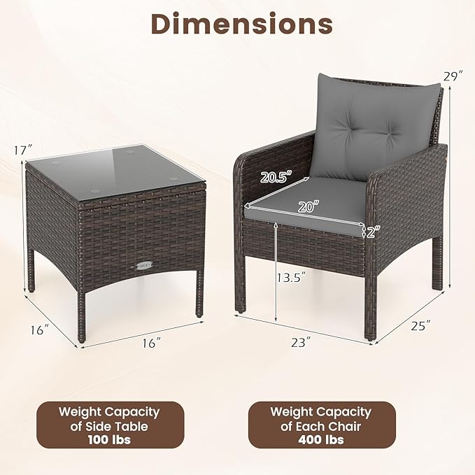 HAPPYGRILL 3 Piece Patio Bistro Set Rattan Wicker Outdoor Conversation Set with Cushions and Coffee Table, Outside Furniture with Rattan Chairs for Porch, Balcony, Deck and Garden (Gray)