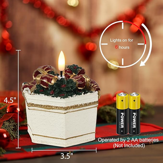 DRomance Christmas Flameless Candle Battery Operated with 6 Hour Timer Real Wax 3D Wick LED Flickering Pillar Candle Hand-Colored Painted Cake Gift Box Shaped Holiday Dinner Decor 3.5" D x 4.5" H