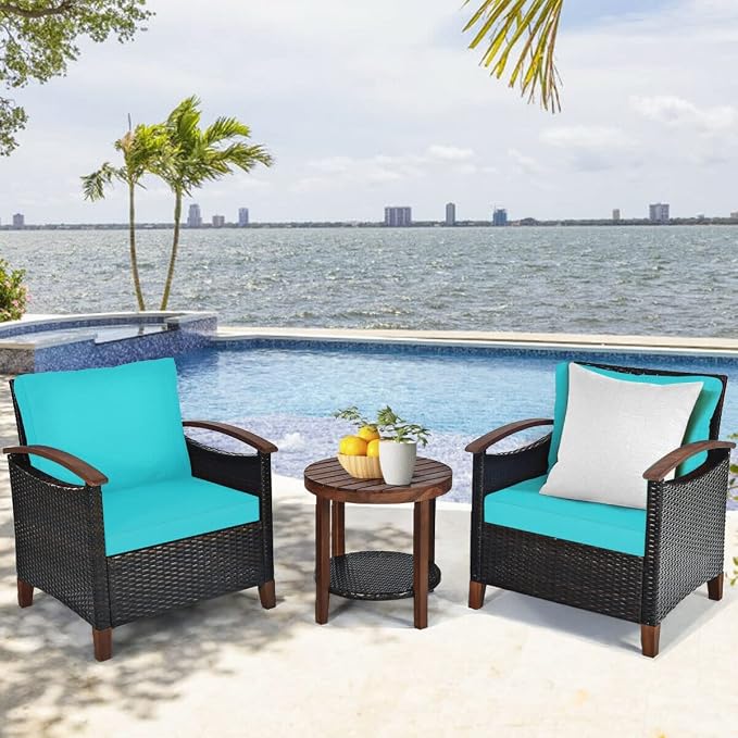 3PCS Patio Rattan Furniture Set Solid Wood Frame Cushion Sofa Round Table Shelf Seat Cushion (Color : A) (B)