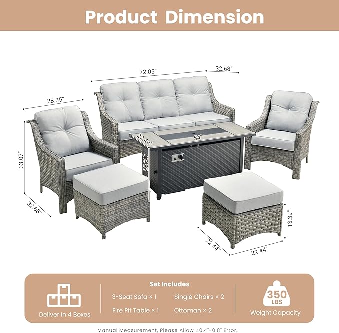HOOOWOOO Patio Furniture Set,6 Pieces Wicker Outdoor Furniture,High Back Conversation Set with All Weather Resistant Fire Pit Table Couch Chairs Ottomans,Light Gray