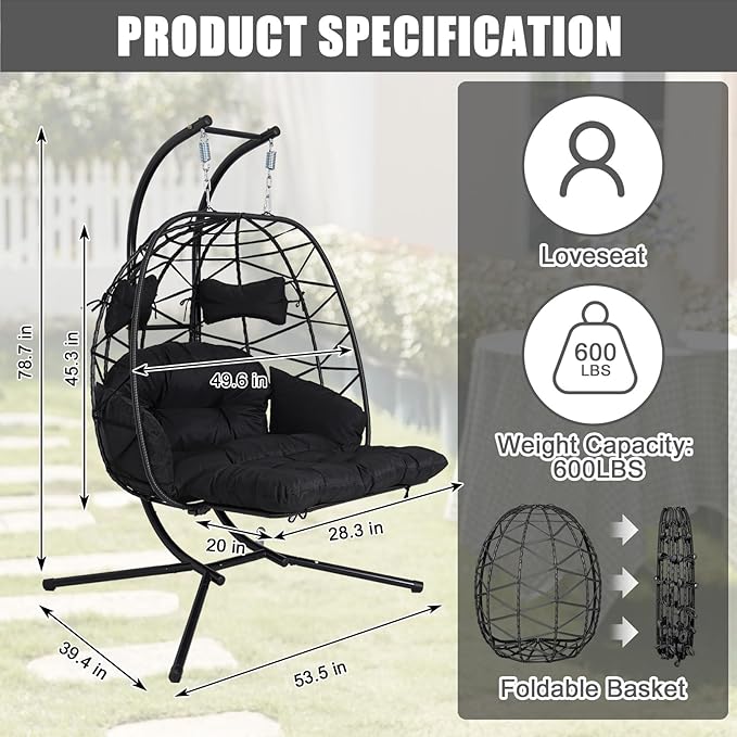 Double Egg Hammock Chair with Stand, Swing Egg Chair, Wicker Hanging Chair with Washable Cushion - Sturdy Metal Stand, 600lbs Capacity for Indoor Outdoor Patio Living Room Etc (Black+Black)