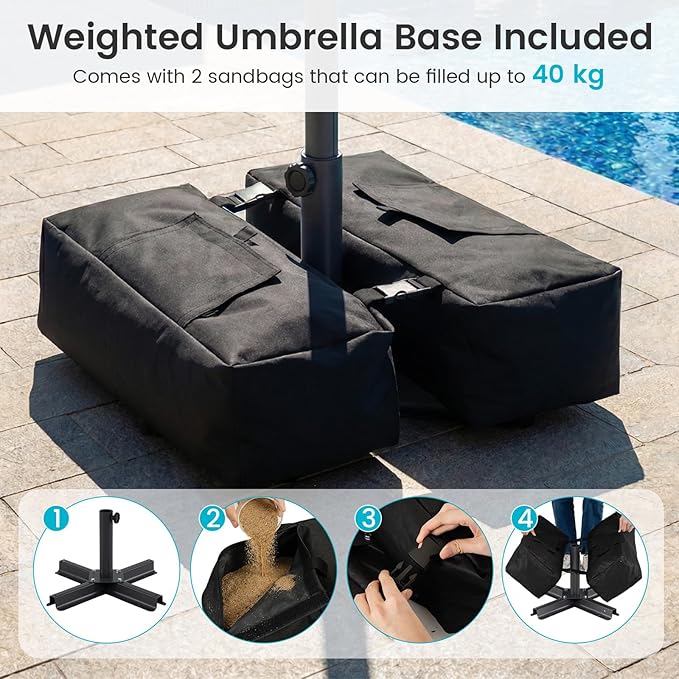 Tangkula 9 FT Solar Patio Umbrella with Base Included, 2-Tiers Outdoor Scalloped Table Umbrella with 32 LED Lights, 2 Sandbags, Tilt Adjustment, Crank, 8 Ribs for Market Backyard Pool Deck Beach Lawn