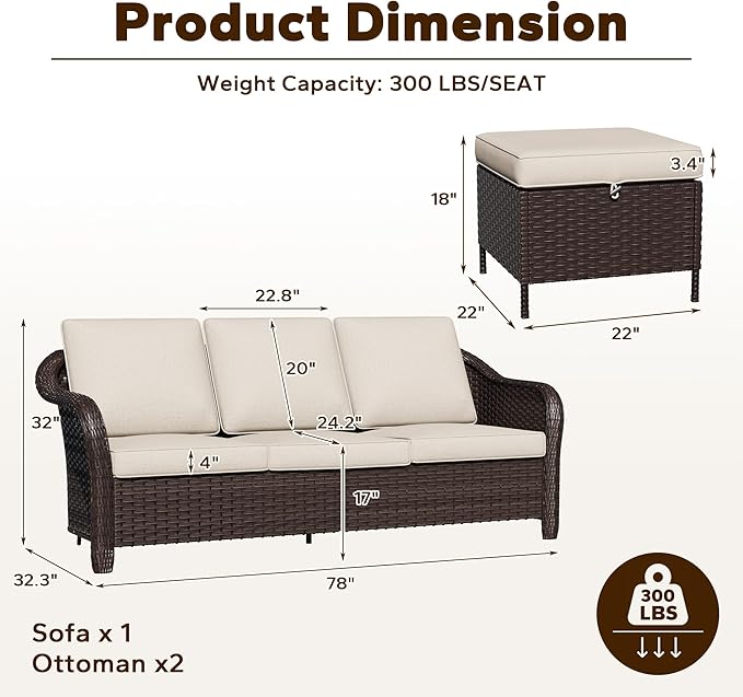 3 Piece Patio Wicker Conversation Set, All-Weather Use Outdoor Wicker Sofa with 2 PE Rattan Ottomans, Ideal for Porch, Backyard, Balcony, Poolside, Beige