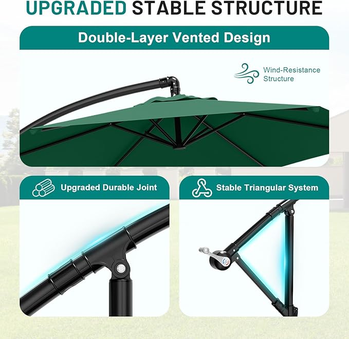 AreShark 10FT Patio Outdoor Umbrella, Offset Patio Umbrella Cantilever Umbrella, 6 Sturdy Ribs, Easy Adjustment for Garden Market Pool with Cross Base (Dark Green)