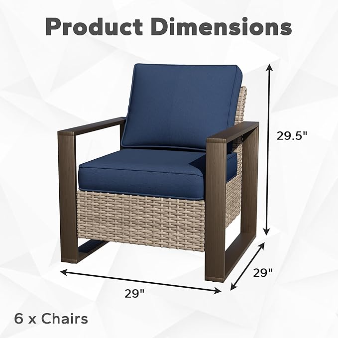 Joyside Outdoor Patio Chairs Set, 6 Pieces Wicker Rattan Chairs with Metal Wide Armrest, Thick Cushions and Deep Seating for Garden, Backyard, Porch, Deck