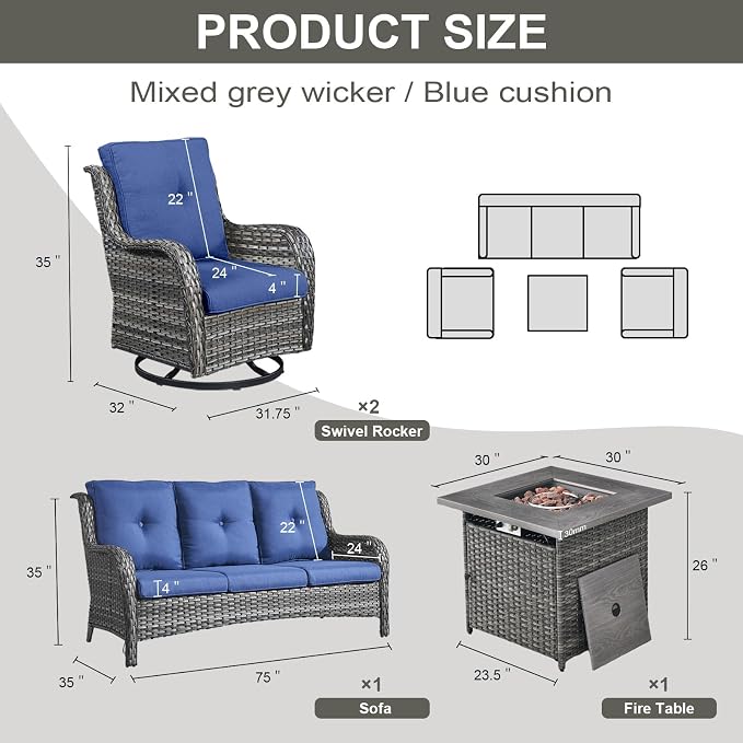 Belord 4 Piece Patio Wicker Furniture Set, Outdoor Swivel Rocker Chairs, All Weather Outdoor Patio Couch with Fire Pit Table for Deck Porch, Gray Wicker/Blue