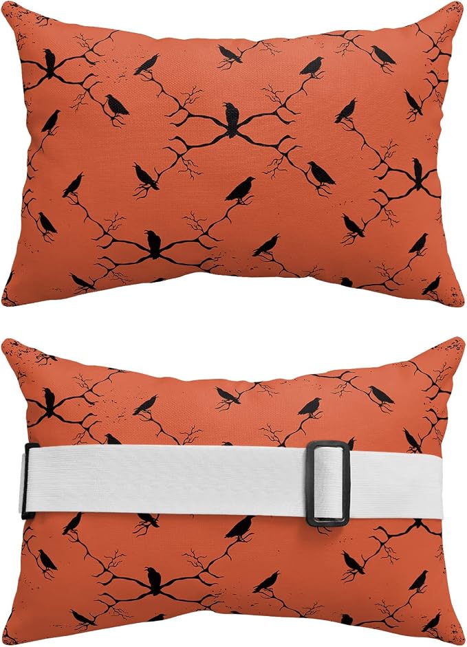 Outdoor Pillows Covers with Inserts Halloween Black Crow on Branch Orange Waterproof Recliner Pillow with Adjustable Strap Throw Pillows for Patio Furniture Pool Lounge Chair, 11x16 inch, 1PCS