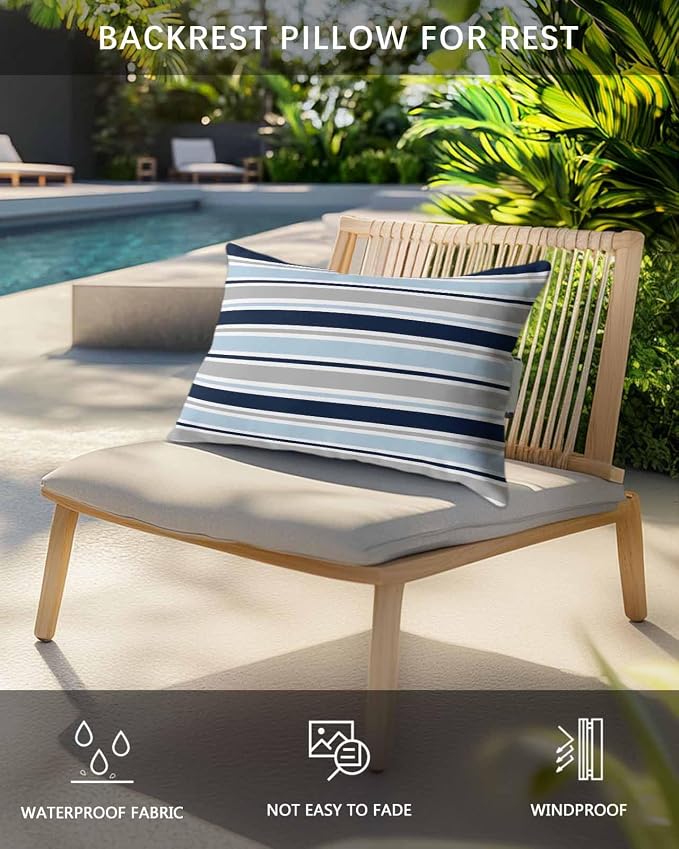 Pack of 2 Outdoor Lumbar Pillow Covers 12x20 Inch, Navy Blue Gray Striped Waterproof Throw Pillow Covers Set, Farmhouse Stripes Modern Abstract Art Outside Decorative Cushion Cases for Patio Porch Car