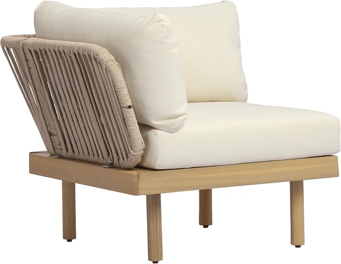 Christopher Knight Home Joan 7 Piece Patio Furniture Set with Slatted Coffee Table, Outdoor Sofa Set with Rope Back & Cushions, Acacia Wood Sectional Conversation Set, Beige+Cream+Light Teak