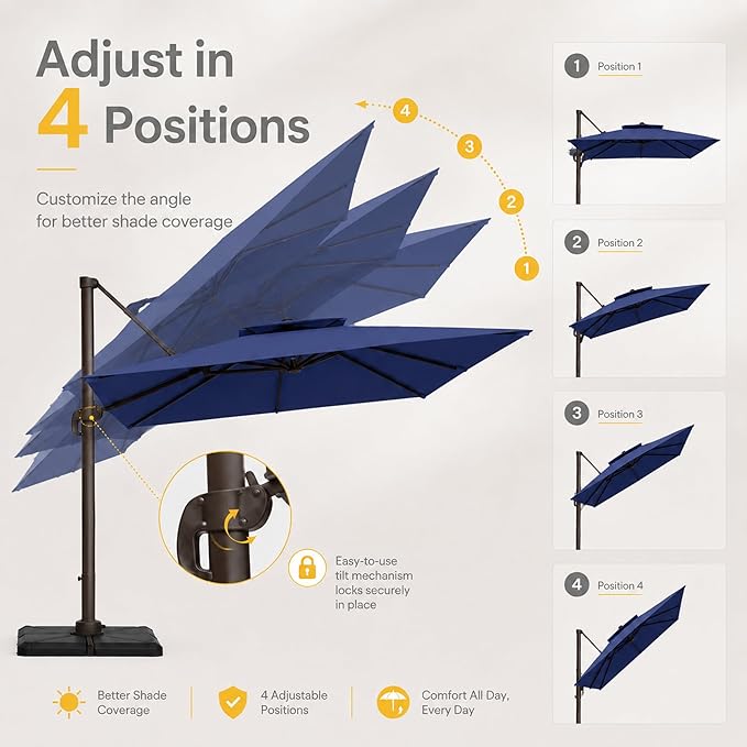 10FT Cantilever Patio Umbrella with Solar Lights, Large Outdoor 2 Tier Aluminum Offset Square Umbrellas 360 Degree Rotation for Garden Deck Pool