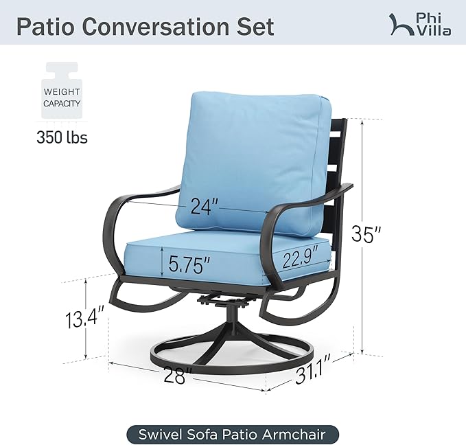 PHI VILLA Patio Furniture Chair Set for 2, Deluxe Outdoor Conversation Set with 2 Swivel Padded Sofa Chair, Full Metal with 5.8" Cushion for Deck, Lawn, Garden(Blue)
