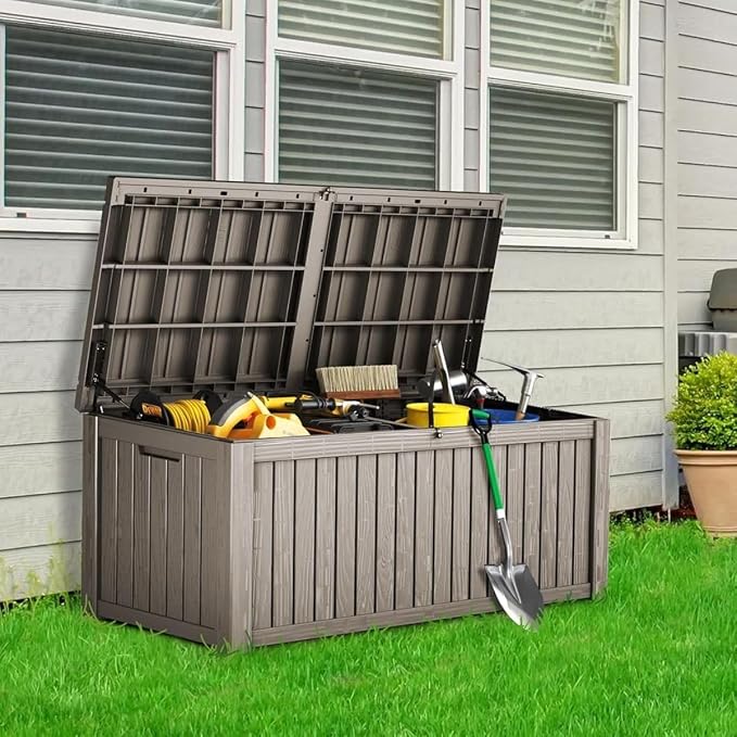 180 Gallon Outdoor Storage Deck Box, Large Storage Organizer for Patio Furniture Accessories, Garden Tools, Indoor Storage for Cushion, Grey
