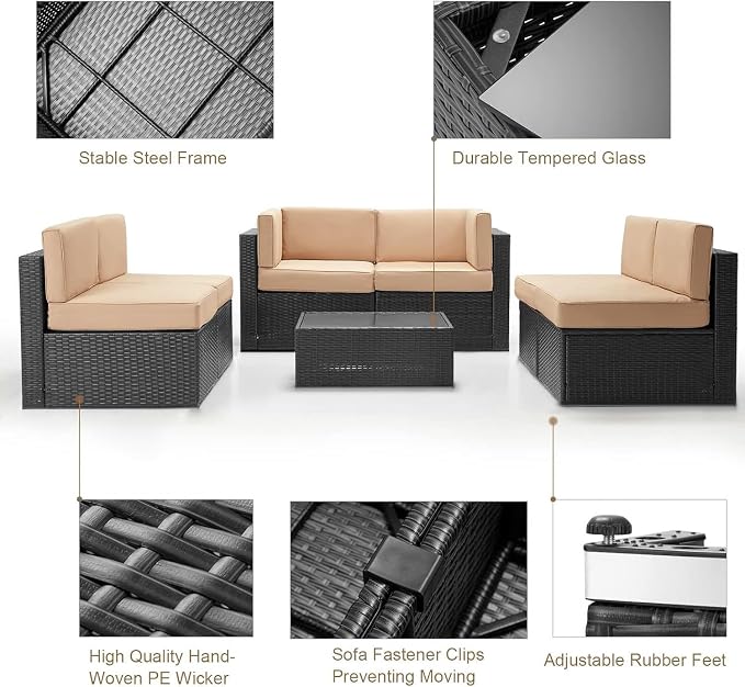 7-Piece PE Rattan Patio Furniture Set with Outdoor Wicker Sectional Sofa and Chairs with Tea Table for Backyard, Garden, Porch, or Deck Conversation Lounge(Red)