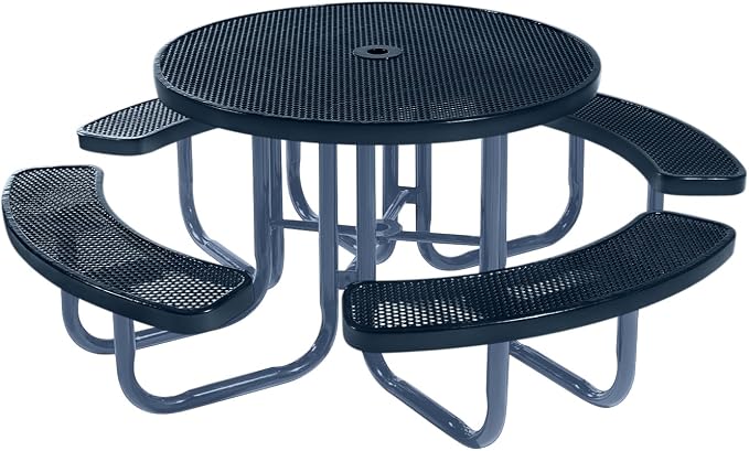 COATEDOUTDOORFURNITURE Heavy-Duty Portable Outdoor Picnic Table with Umbrella Hole, Punched Steel Commercial-Grade Patio Furniture Made in America (46" Round Top, Dark Blue with Dark Blue Frames)