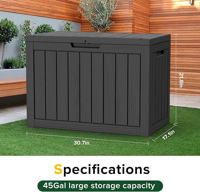 Resin Deck Box, Lockable Patio Outdoor Storage Box for Furniture, Garden Tools and Tools Storage, Waterproof Outside Storage Boxes (Black, 45 Gallon)