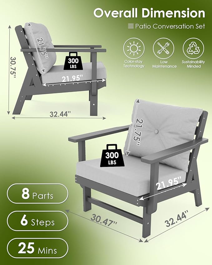 GREENVINES Outdoor-Couch | HDPE Plastic | Patio Sectional Conversation Set | All Weather Couches | Sofa with Detachable Armrests | for Porch Deck Lawn | Gray Frame Light Gray Cushion
