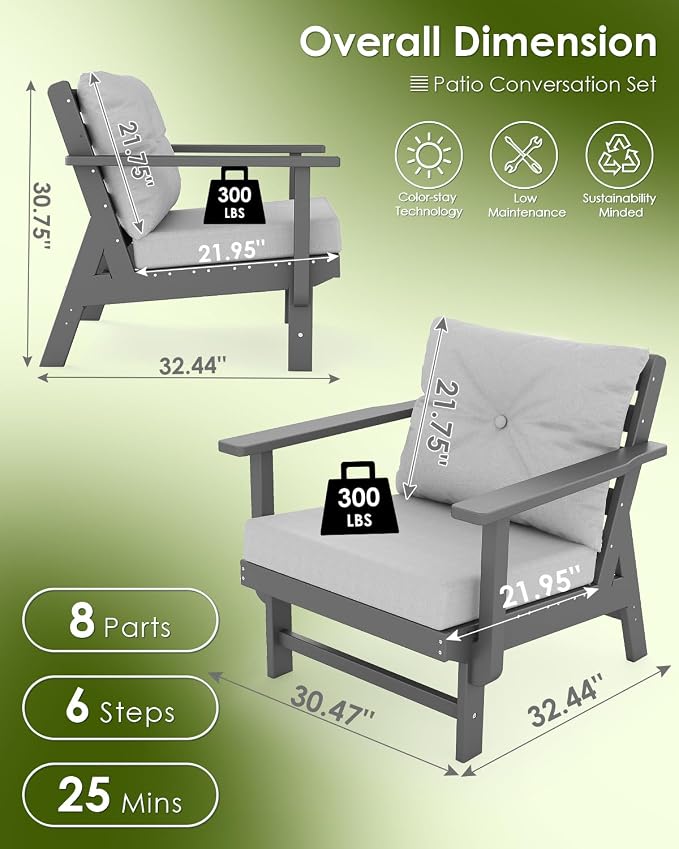 GREENVINES Outdoor-Couch-Set-of-2 | HDPE Plastic | Patio Sectional Conversation Sets | All Weather Couches | Sofa with Detachable Armrests | for Porch Deck Lawn | Gray Frame Light Gray Cushion