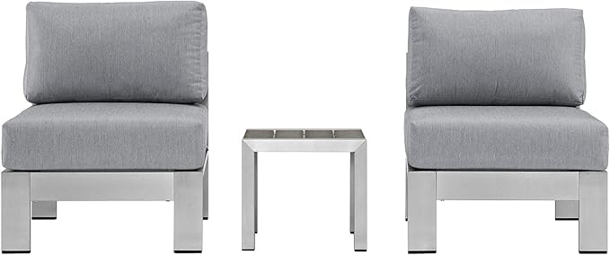 Modway Shore 3-Piece Aluminum Outdoor Patio Furniture Set in Silver Gray, Seating For Two