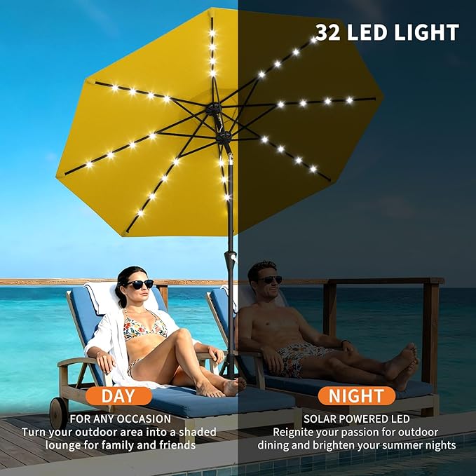 Garvee 9FT Solar Patio Umbrella with 32 LED Lights - Outdoor Table Umbrella with Crank Lift, Push Button Tilt and 8 Sturdy Ribs - Market Umbrella UV Protection for Pool, Deck, Yard, Garden -Yellow