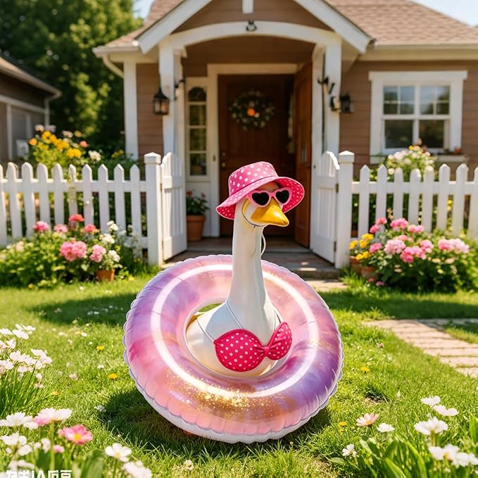 Hawaiian Porch Goose Outfit with Sunglasses & Wreath, Goose Summer Outfit Porch Goose Bikini Clothes Costume Fits 23" Geese Statue, Summer Garden Lawn Patio Yard Outdoor Decor (Summer style-Pink)
