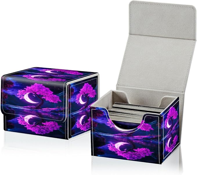 Card Deck Box for MTG, Cards Storage Box Fits 120+ Sleeved, Leather Small Size Strong Magnetic Closing Card Case for Board Games Magic TCG CCG Baseball Collection, Purple Moon Tree