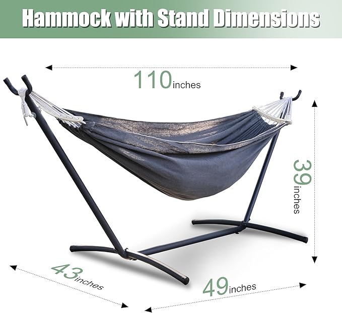 Free Standing Hammock with Stand, 550lbs Capacity - Anti-Flip Curved Spreader Bars - Premium Cotton Portable Hammock for Deck, Porch, Garden - Easy Assembly with Carrying Bag, Heather Gray
