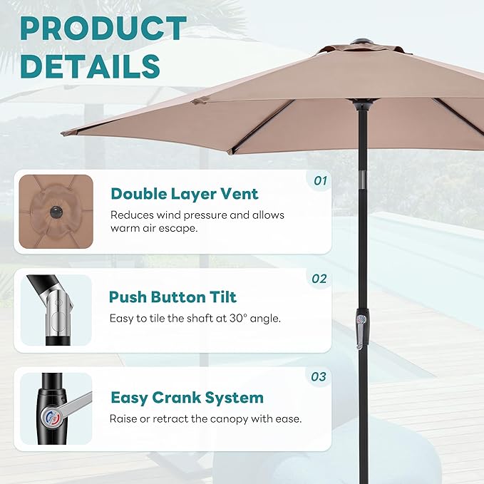 OLIXIS 9FT Patio Umbrella with Tilt and Crank Button & Sturdy Ribs Waterproof, 9Feet Patio Table Umbrella Perfect for Poolside, Terrace, Beach and Outdoor Restaurant